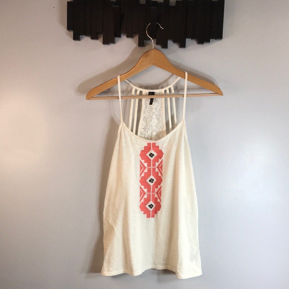 Cream Lace-Back Camisole with Coral Geometric Embroidery